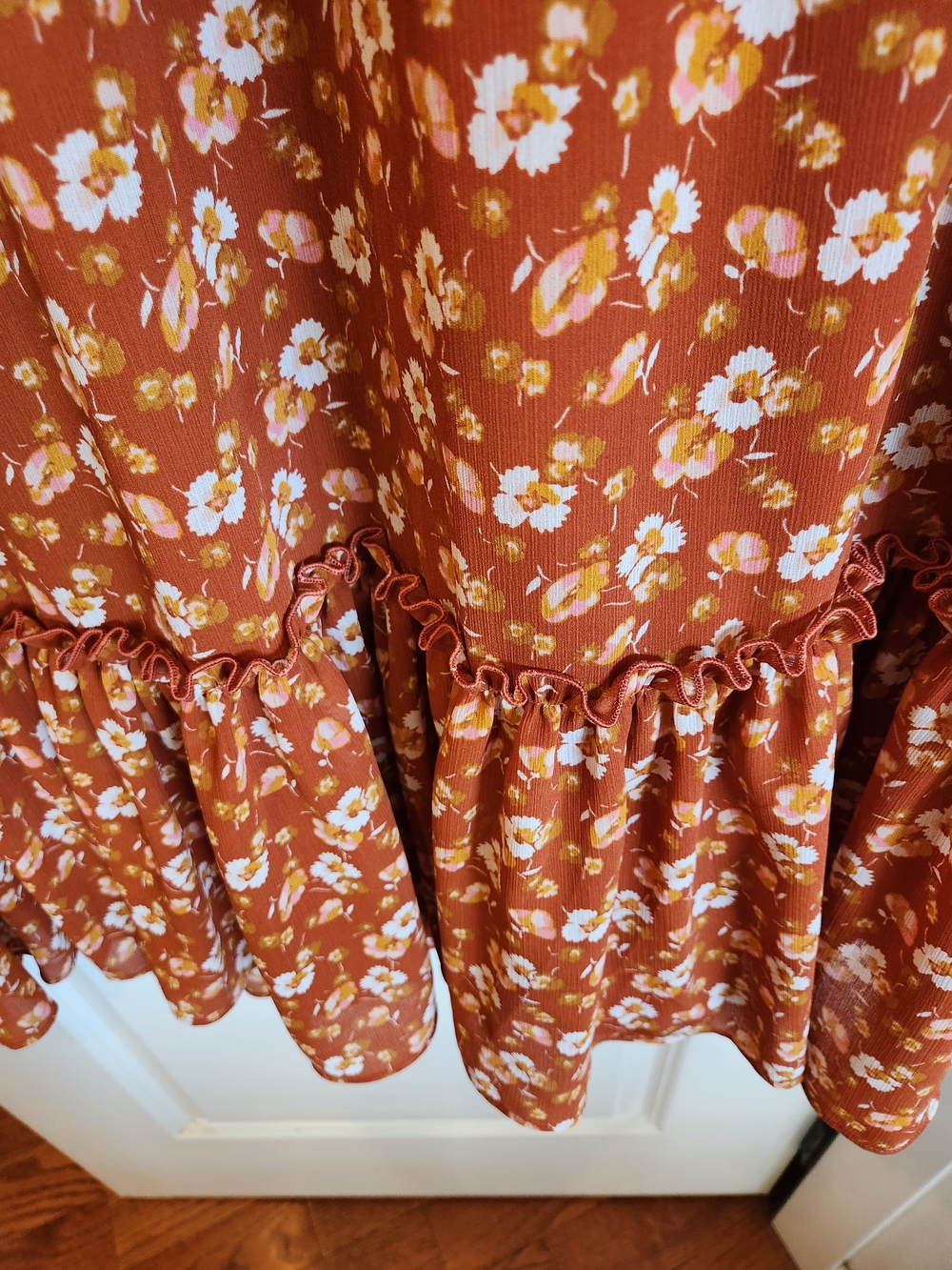 J Crew Factory Crinkle Midi Flounce Dress Rust Floral Size XL Cottagecore Ruffle - Picture 6 of 15